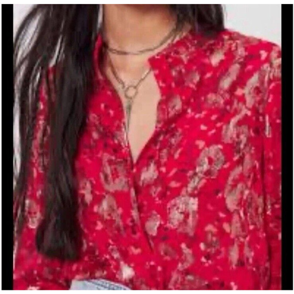 ba&sh Tanama Blouse Red Floral Gold Metallic Accents Women Size S/4 Fancy NWT - Picture 2 of 14